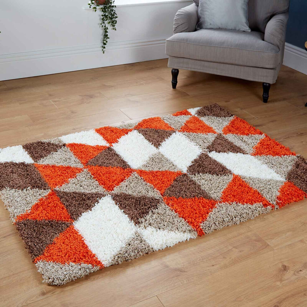 (160x230cm) Beige Orange Cream Geometric 5cm Large Shaggy Rugs