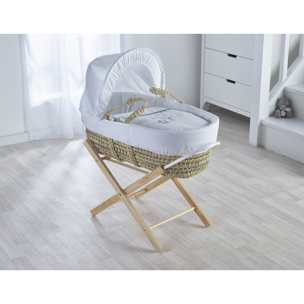 White Wish Upon A Star Palm Moses Basket with Folding Stand Natural