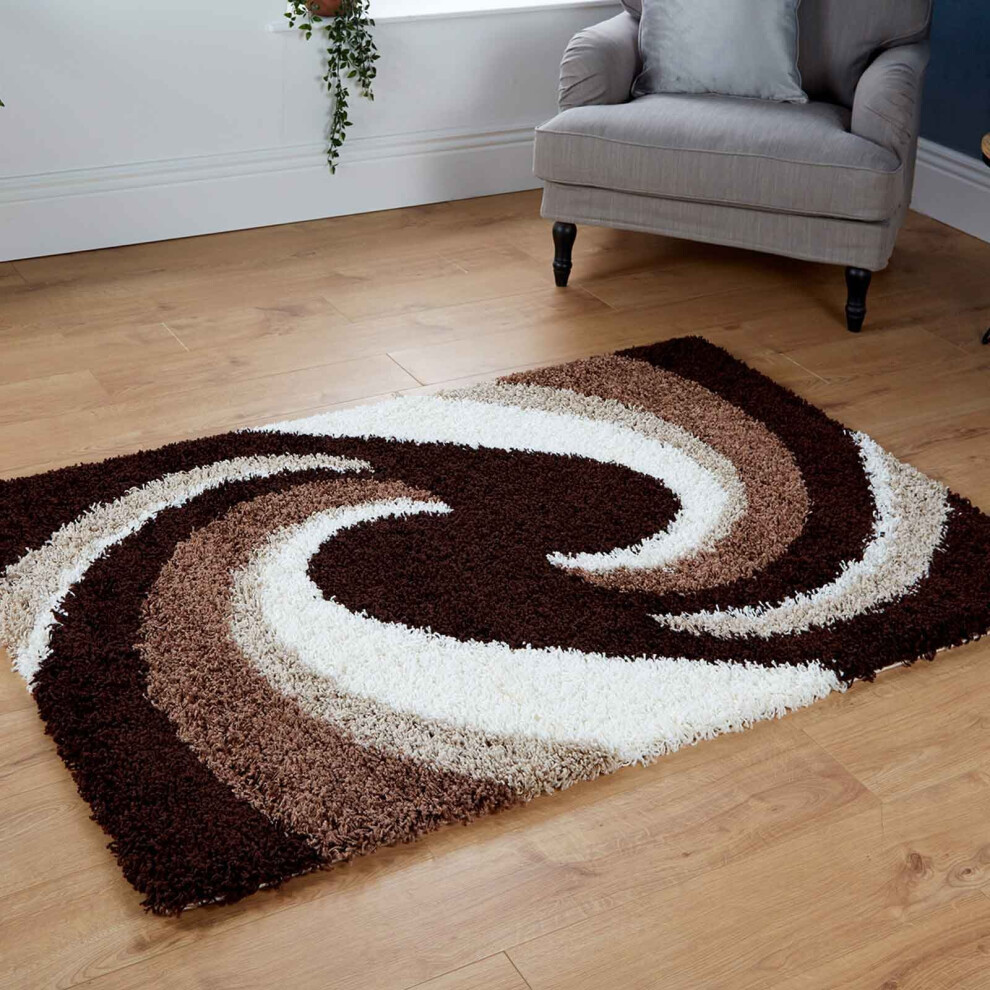 (160x230cm) Large Brown Beige Quality Shaggy Modern Swirl Rugs