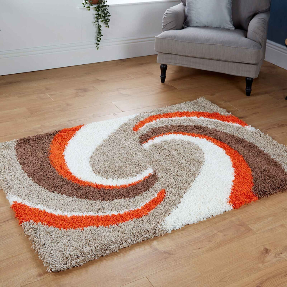 (120x170cm) Large Modern Swirl Beige Orange Modern Shaggy Rugs