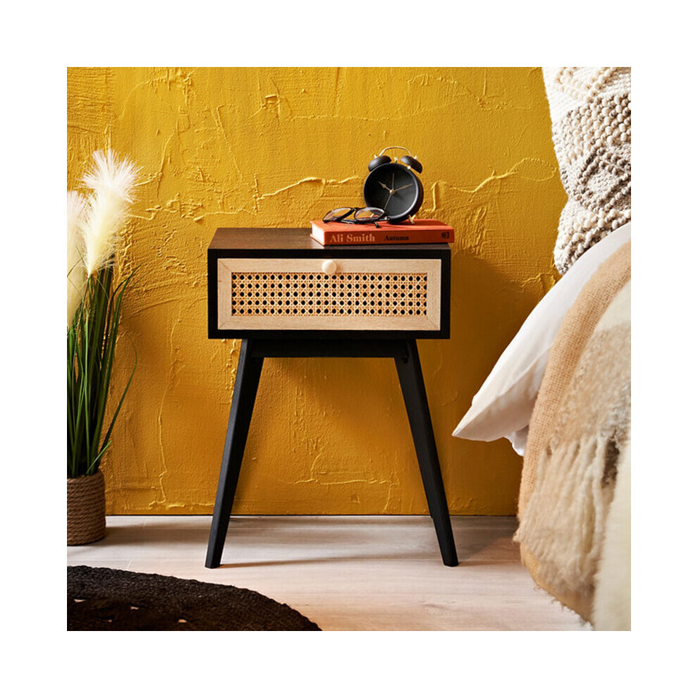 1 Drawer Bedside Night Stand Table Lamp Black Cane Design G-0488