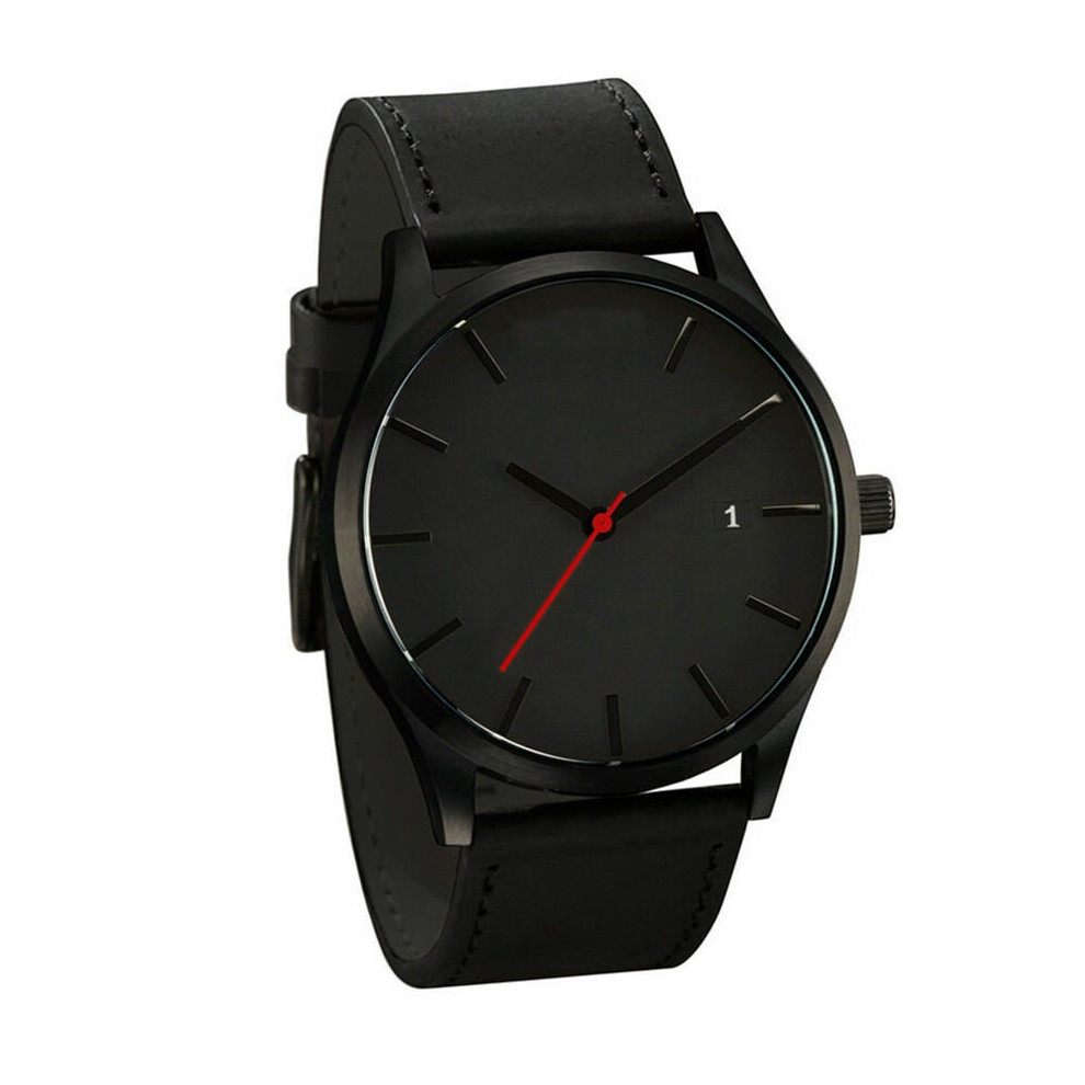 (Black Dial + Black Strap) Fashion Watch Men's Quartz Sport Analog Band Artificial Leather Wrist Watch