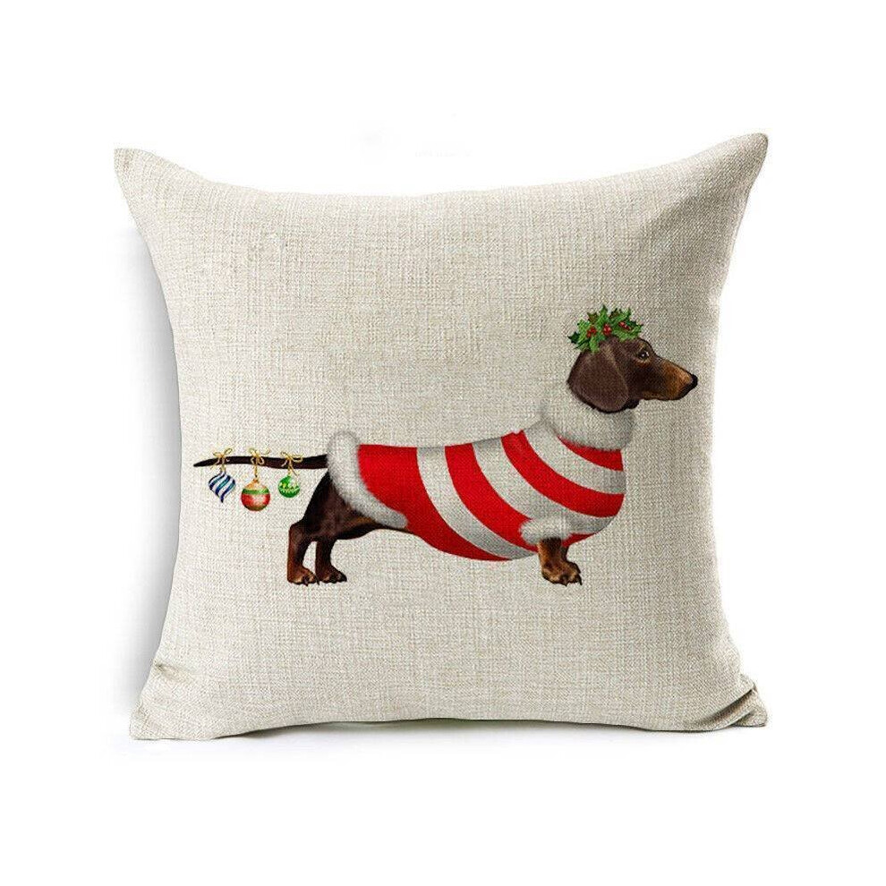 (A) 18'' Dachshund Printed Christmas Linen Cushion Cover Sofa Car Decor Pillowcase