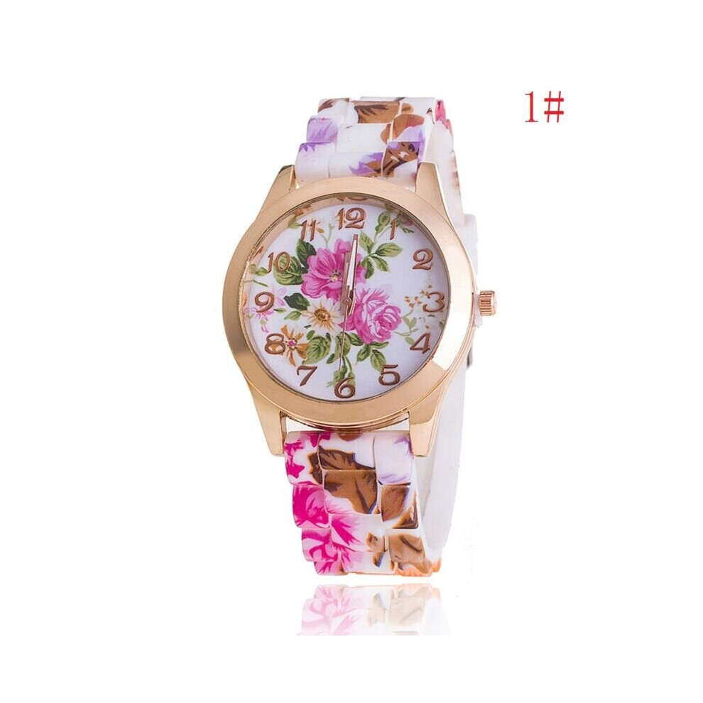 (1# Purple) Fashion Women's Watch Silicone Printed Flower Causal Quartz Analog Wrist Watches Multicoloured