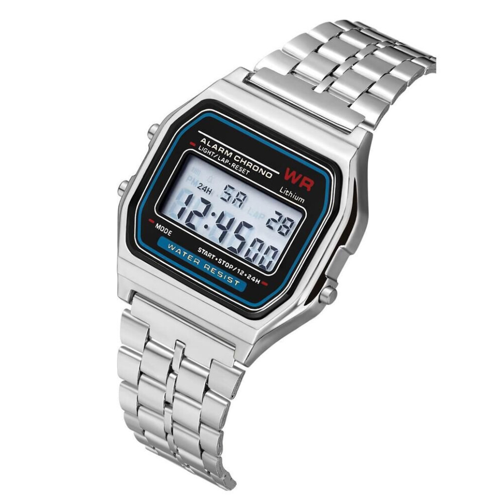 (Sliver) Men's Women's Unisex Date Stainless Steel Digital Sports Stopwatch Wrist Watch