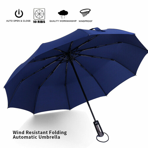 Blue 10 Ribs Windproof Automatic Open Close Folding Umbrella