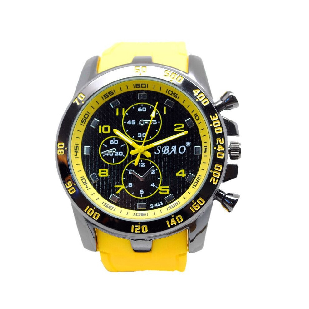 (Yellow) Silicone Strap Luxury Sport Analog Quartz Modern Men Fashion Wrist Watch 