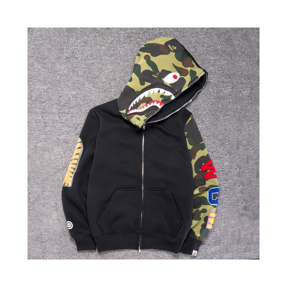 (Black, S) A Bathing Ape Bape Camouflage Shark Unisex Teen Adult Zip Hoodies Sweatshirt