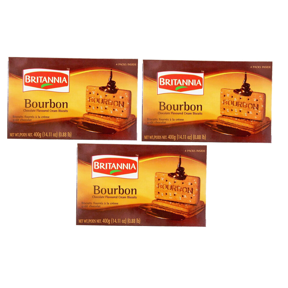 (Pack of 3) Britannia Bourbon 400g Family Pack,Topped with Sugar Crystals, Crunchy Chocolate Biscuits