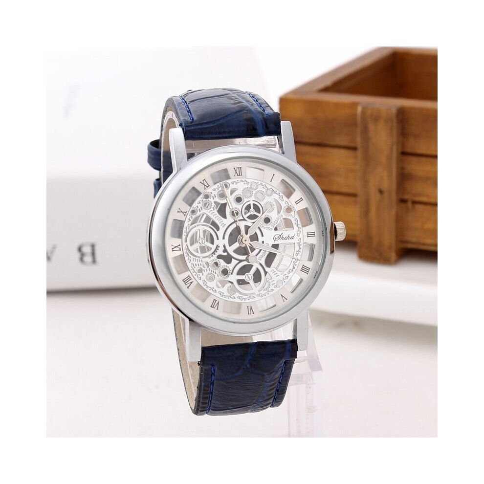 (Silver Blue) Men's Fashion Luxury Stainless Steel Quartz Military Sport Dial Wrist Watch