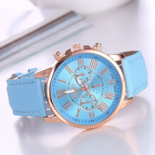 (Blue) New Fashion Geneva Women Leather Band Stainless Steel Quartz Analog Wrist Watch