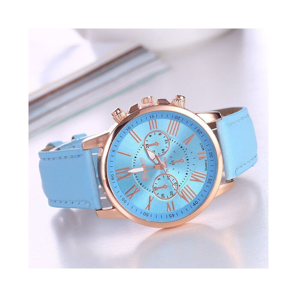 (Blue) New Fashion Geneva Women Leather Band Stainless Steel Quartz Analog Wrist Watch Multicoloured