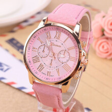(Pink) New Fashion Geneva Women Leather Band Stainless Steel Quartz Analog Wrist Watch