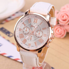 (White) New Fashion Geneva Women Leather Band Stainless Steel Quartz Analog Wrist Watch