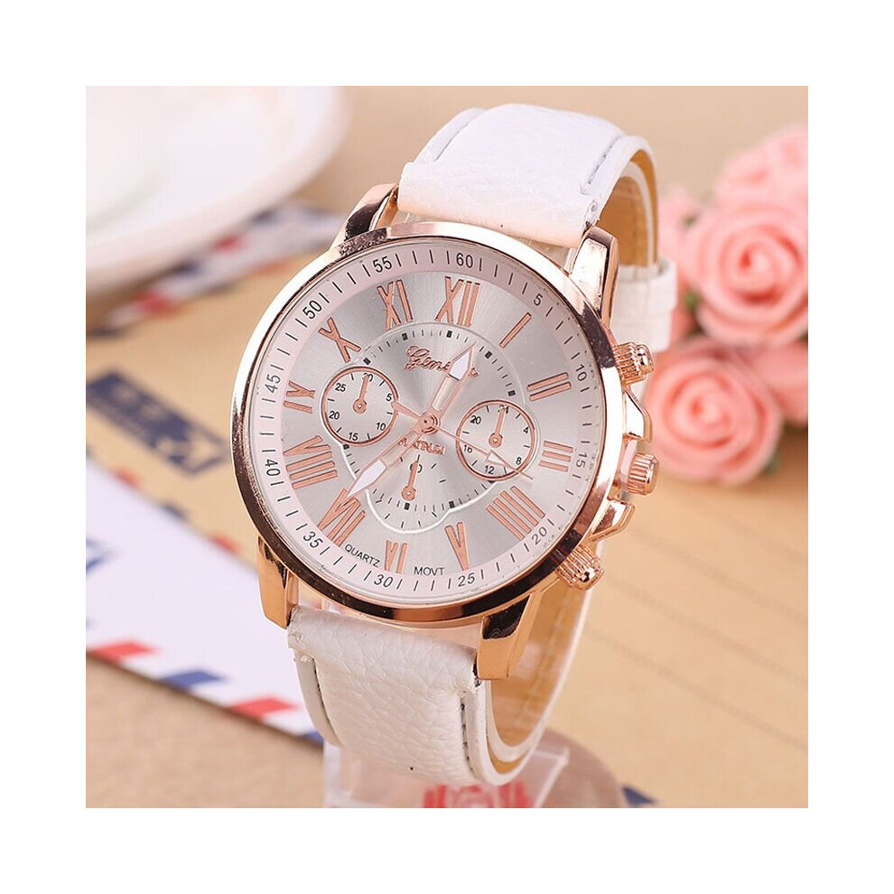 (White) New Fashion Geneva Women Leather Band Stainless Steel Quartz Analog Wrist Watch