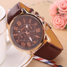 (Brown) New Fashion Geneva Women Leather Band Stainless Steel Quartz Analog Wrist Watch