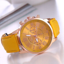 (Yellow) New Fashion Geneva Women Leather Band Stainless Steel Quartz Analog Wrist Watch
