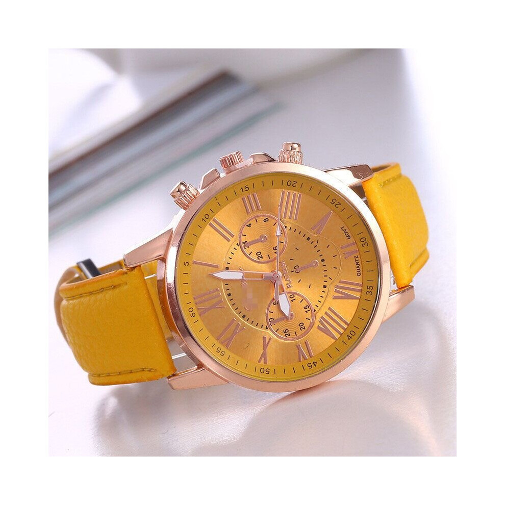 (Yellow) New Fashion Geneva Women Leather Band Stainless Steel Quartz Analog Wrist Watch Multicoloured