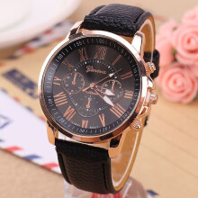 (Black) New Fashion Geneva Women Leather Band Stainless Steel Quartz Analog Wrist Watch