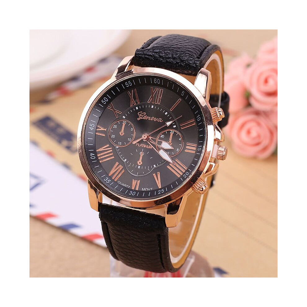 (Black) New Fashion Geneva Women Leather Band Stainless Steel Quartz Analog Wrist Watch Multicoloured