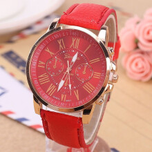 (Red) New Fashion Geneva Women Leather Band Stainless Steel Quartz Analog Wrist Watch