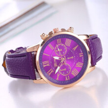 (Purple) New Fashion Geneva Women Leather Band Stainless Steel Quartz Analog Wrist Watch