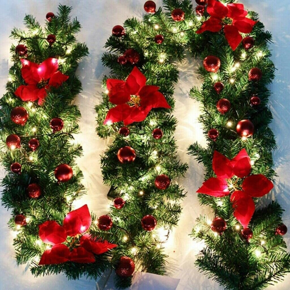 (Red) 9FT Christmas Garland LED Lights Up Xmas Wreath Fireplace Door Decor