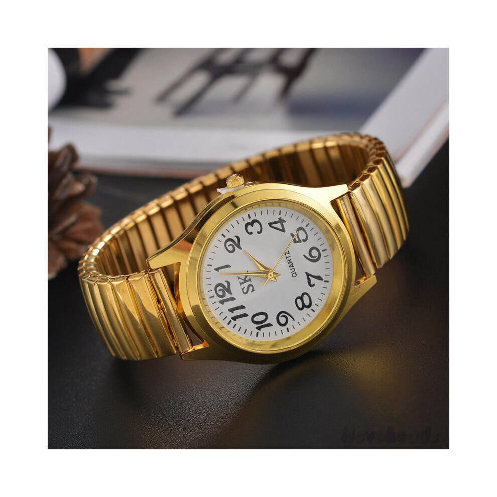 (Gold, Women) Luxury Elastic Stainless Steel Wristwatch Quartz Women Men Dress Analog Watches
