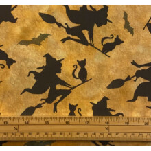 Fat Quarter Spooky Halloween Witches Bats And Black Cats On Gold 100% Cotton Quilting Fabric