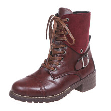 (Claret, 6.5) Womens Mid Calf Boots Chunky Heels Booties Casual Shoes Round Toe Zipper Lace Up