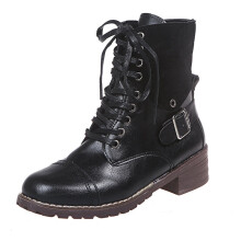 (Black, 6.5) Womens Mid Calf Boots Chunky Heels Booties Casual Shoes Round Toe Zipper Lace Up