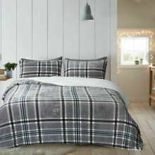 (Single) Laura Secret Soft Teddy Printed Grey Checked Duvet Cover Set Warm Reversible Fleece