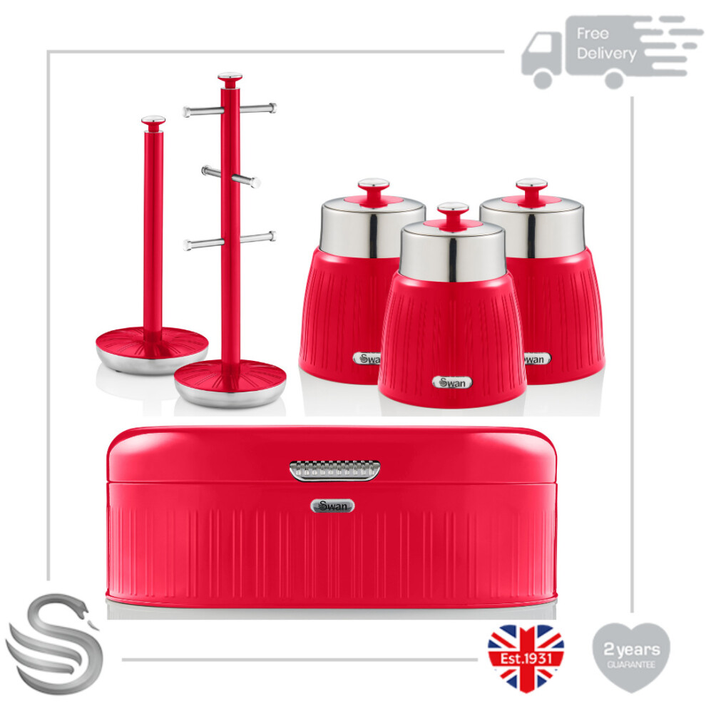 (Red) Swan Retro Towel Pole & Mug Tree, Bread Bin & Set of 3 Canisters Stainless Steel