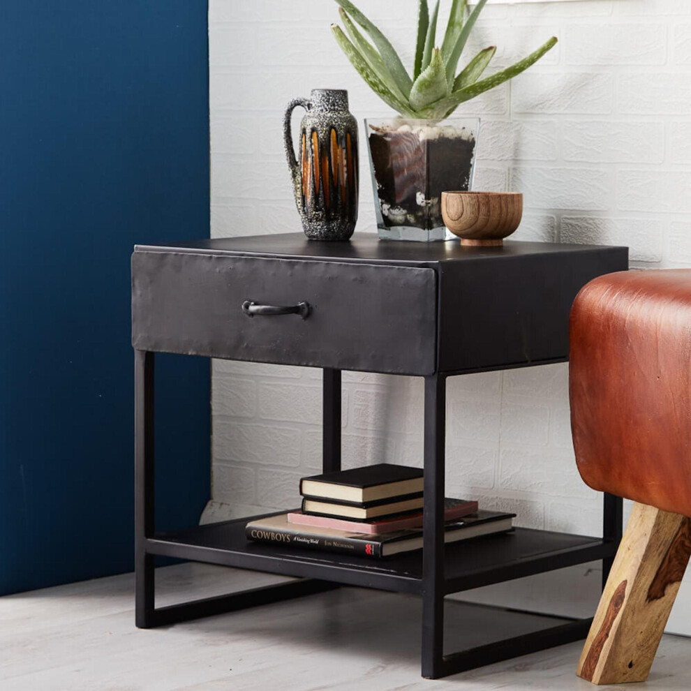 Modern Handcrafted Reclaimed Iron Lamp Bedside Table One Drawer One Shelf
