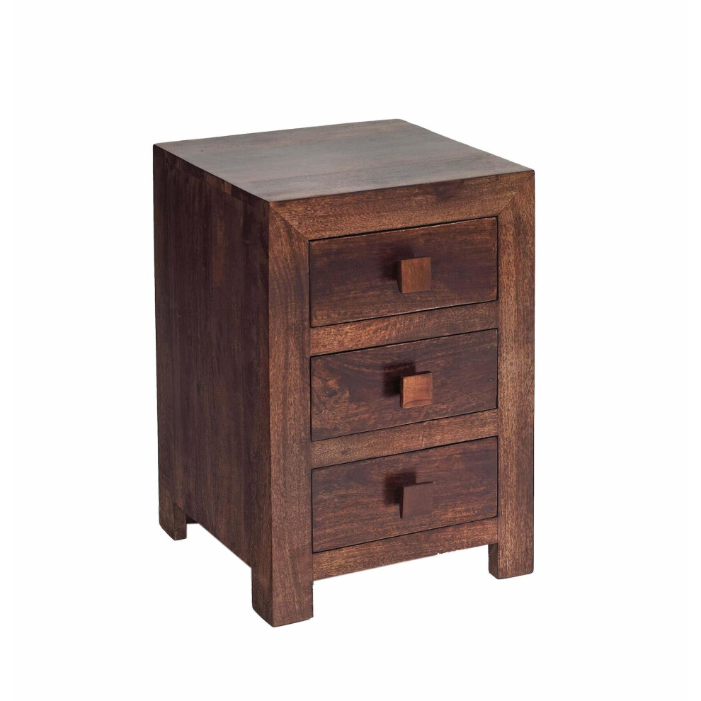 Contemporary Modern 3 Drawer Bedside Side Table Storage Dark Walnut Mango Wood