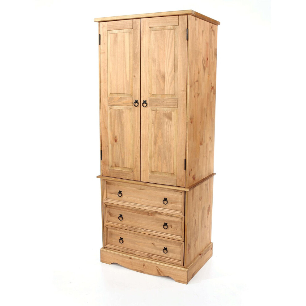 Grey Tall Solid Pine 2 Door Wardrobe With 3 Drawers Bedroom Storage Hanging Bar