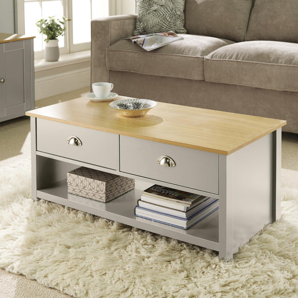 Home Source Camden Grey Oak Coffee Table 2 Drawer D Cup Metal Handles