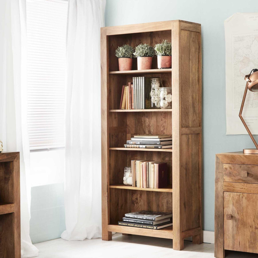 Contemporary Modern Large 5 Tier Open Display Bookcase Light Walnut Solid Wood