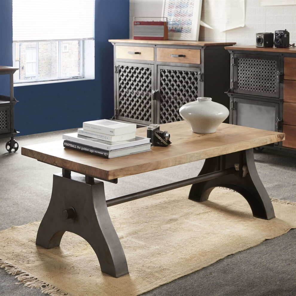 Industrial Solid Wood Coffee Table Aged Metal Cupboard Storage Space Handmade
