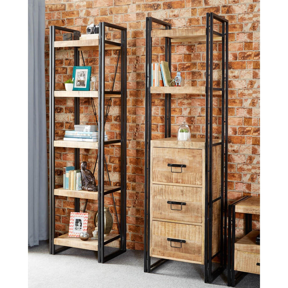 Industrial Slim 3 Shelf 3 Drawer Bookcase Display Cabinet Solid Wood Metal Frame