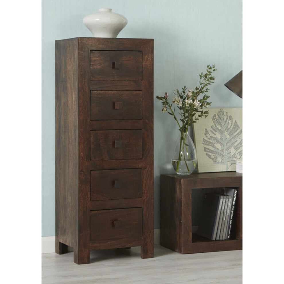 Contemporary Modern Tall 5 Drawer Chest Clothes Storage Dark Walnut Solid Wood