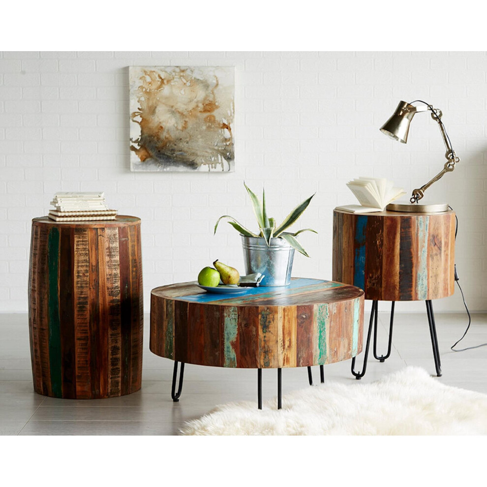 Beverly Drum Side Table Coffee End Bedside Lamp Reclaimed Rustic Solid Wood