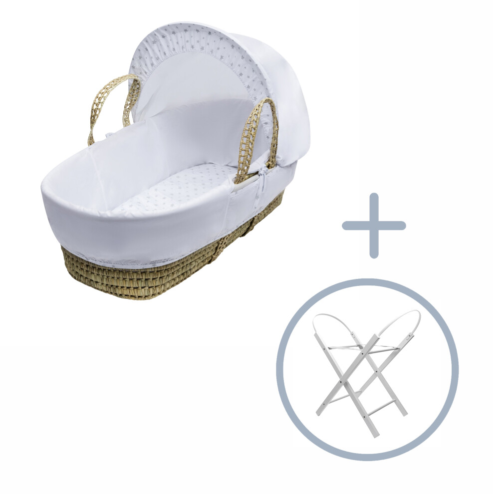 Little Star Grey Moses Basket with Opal Folding Stand White