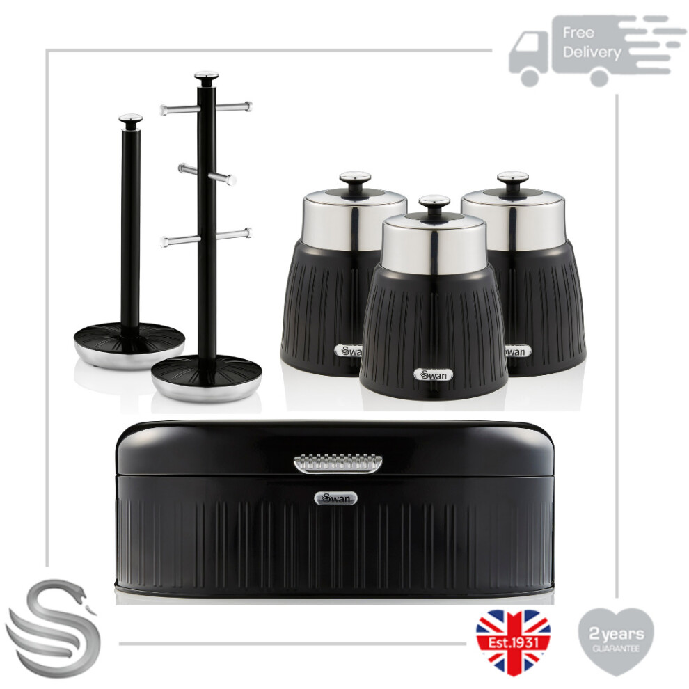 (Black) Swan Retro Towel Pole & Mug Tree, Bread Bin & Set of 3 Canisters Stainless Steel