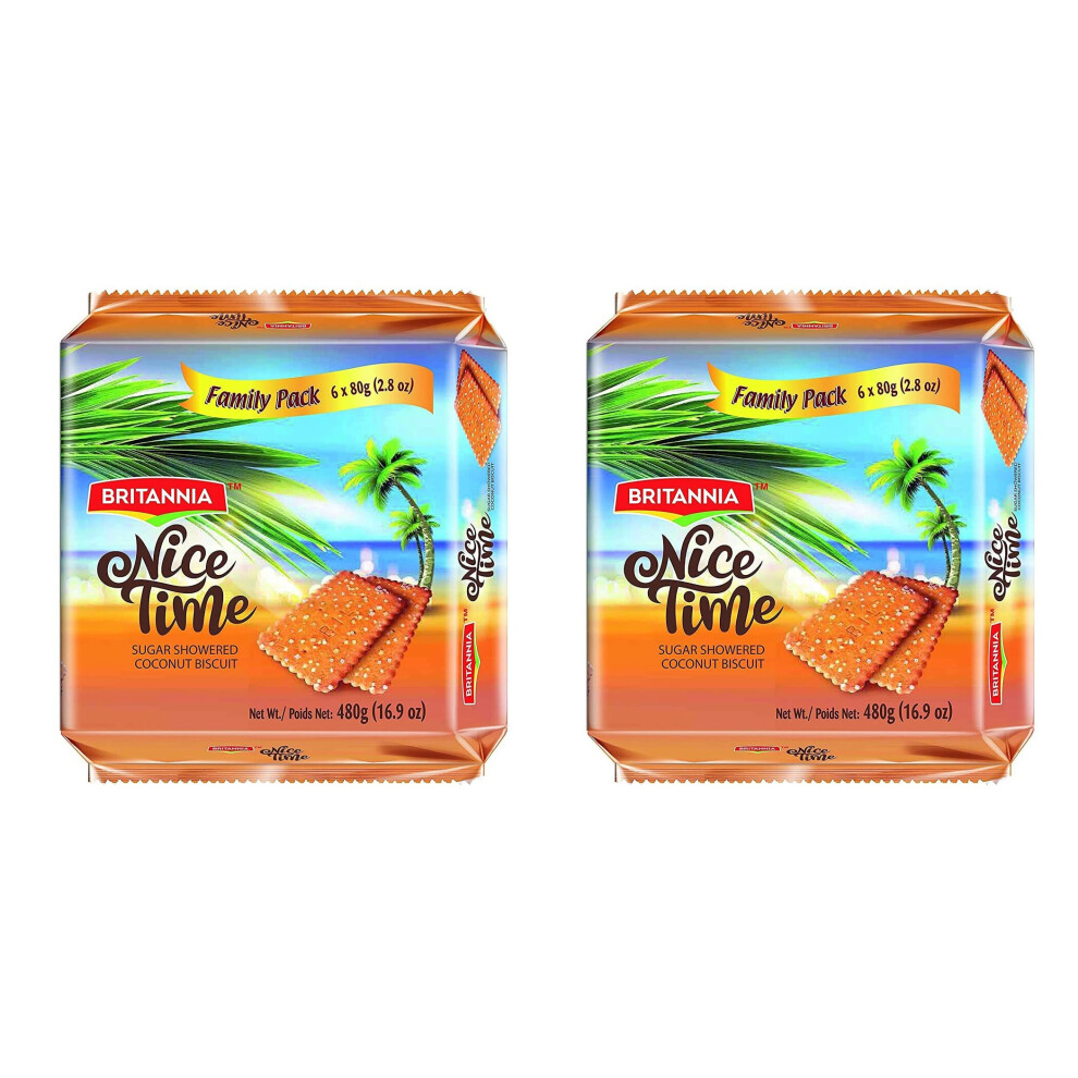 (PACK OF 2) Britannia Nice Time Coconut Biscuit Family Pack 480g , Topped with Sugar Crystals ,Offers A Wholesome Teatime Experience