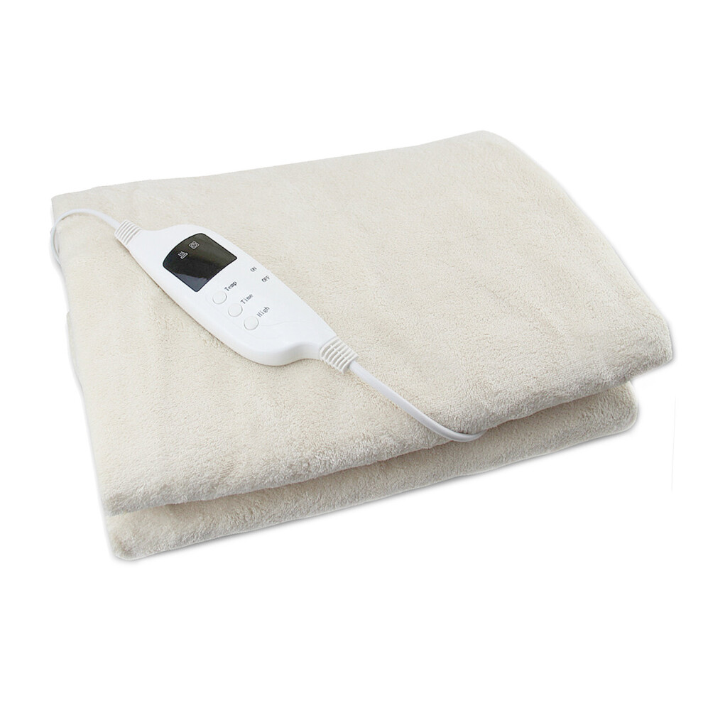 (Cream) Electric Heated Throw Over Under Blanket Fleece Washable Polyester Warm Mattress