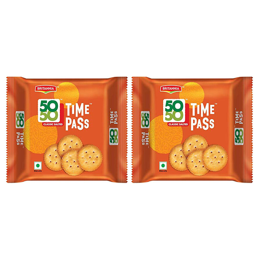 (Pack of 2) Britannia 5050 Time Pass Family Pack 160g, Sweet and Salty Biscuit 5050 Family Sharing Biscuit, Crispy and Crunchy Anytime Snack