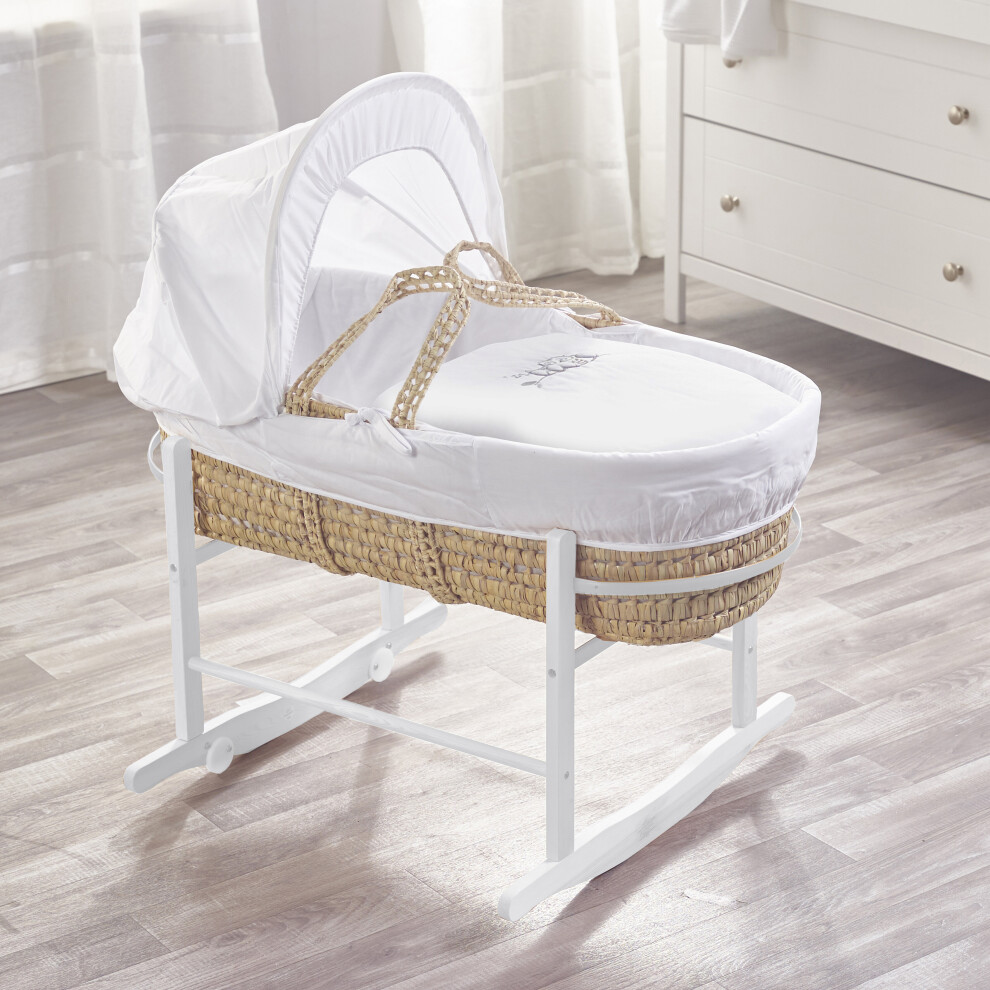 Sleepy Little Owl Palm Moses Basket with Rocking Stand White