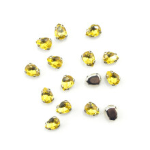 HAND Set of 15 Golden Yellow Teardrop Glass Crystal Sew in Trims with Silver Tone Metal Mounts - 8 x 6 mm