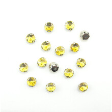 HAND Set of 15 Golden Yellow Round Glass Crystal Sew in Trims with Silver Tone Metal Mounts - 8 mm Diameter